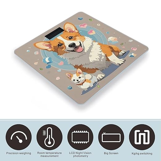Cute Corgi Dog Illustration Scale for Body Weight Sturdy Tempered Glass Weighing Scales with LCD Display Accurate Digital Bathroom Scale Convenient Body Fat Smart Scales Easy Read