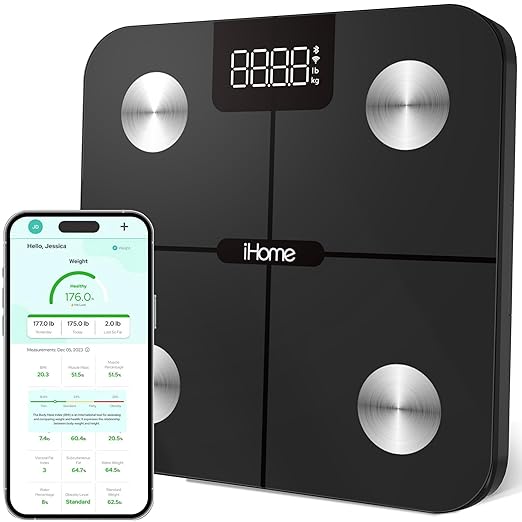 iHome Digital WiFi Smart Scale for Body Weight Weight Scale Including BMI Body Fat Muscle Mass Batteries Included (Black Smart WiFi)