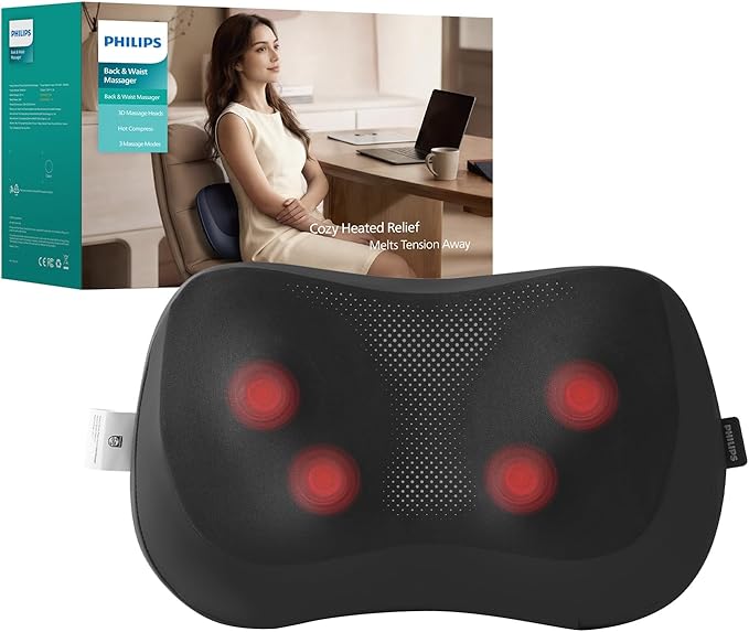 Philips Shiatsu Back Massager with Heat Deep Tissue Massage Pillow for NeckShoulderFoot &amp Lower Back Pain ReliefElectric Kneading Massager for Home Office Car-Gifts for Mom Dad Men Women
