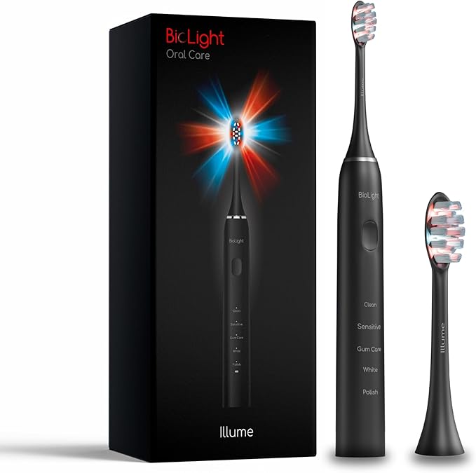 BIOLIGHT Illume Sonic Electric Toothbrush with Red &amp Blue Light Therapy – Professional Whitening Gum Care &amp Advanced Oral Hygiene - Black