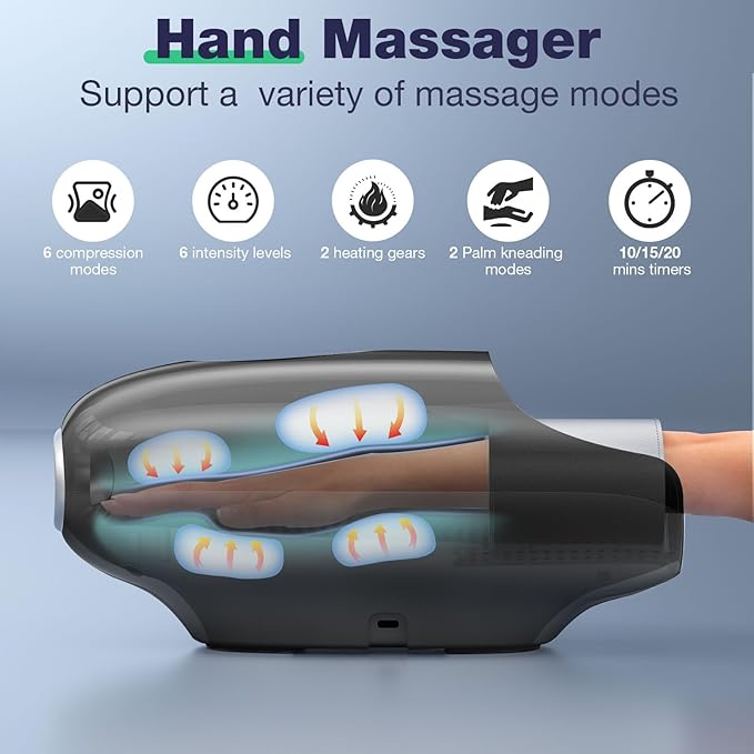 Hand Massager with Heat and Compression Hand Massage for Arthritis and Carpal Tunnel Relief 6 Modes Pressure Point Therapy Blowing Wrist Massager Finger &amp Palm Kneading Gifts for Mom Dad
