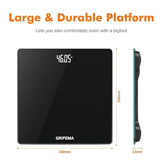 GRIFEMA GA2001-1 Digital Scales for Body Weight Weighing Bathroom Scales LCD Display and Step-On Technology 150kg/330lb 26x26cm Batteries Included Black