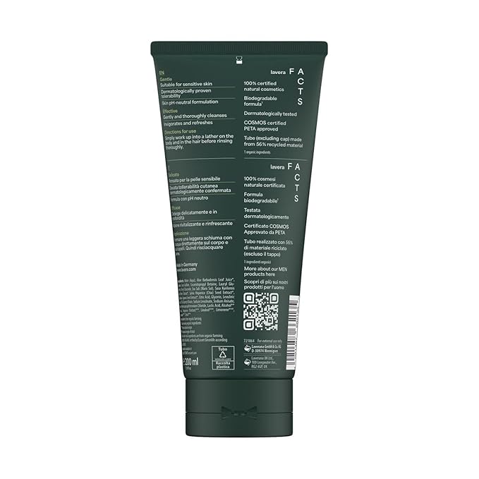 lavera Men sensitiv 3in1 Shower Gel - refreshing &amp revitalising - for sensitive skin - organic bamboo &amp organic aloe vera - vegan - natural cosmetics - 200 ml