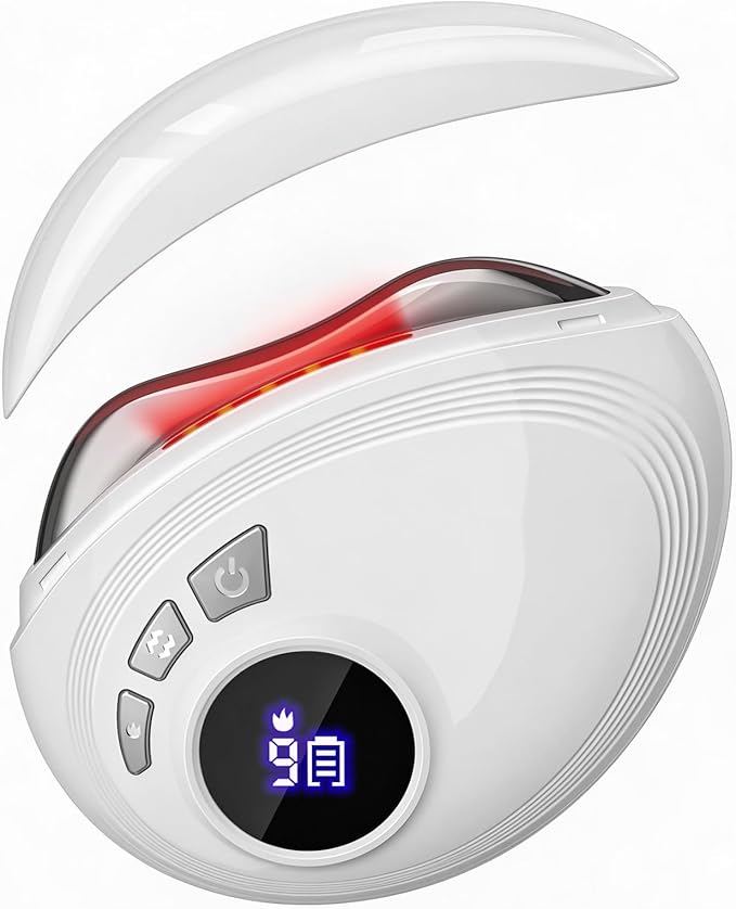 Professional LED Red Light Gua Sha Massager 9-Level Adjustable Face and Neck Sculptor for Skin Firming Jawline Contouring &amp Serum Absorption Portable Metal Facial Skincare Tool - White