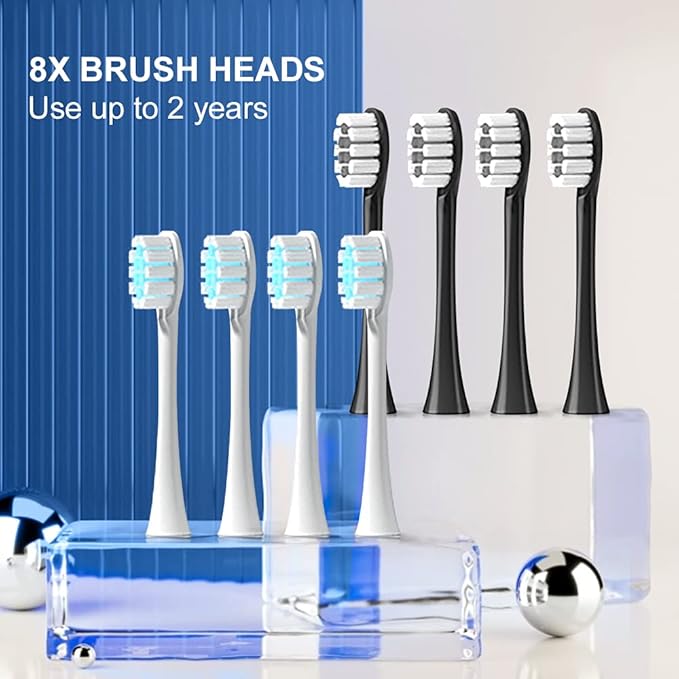SENWEN 2 Pack Rechargeable Electric Toothbrush with 8 Brush Heads 6 Cleaning Modes Waterproof 2 Minute Timer Black&ampWhite