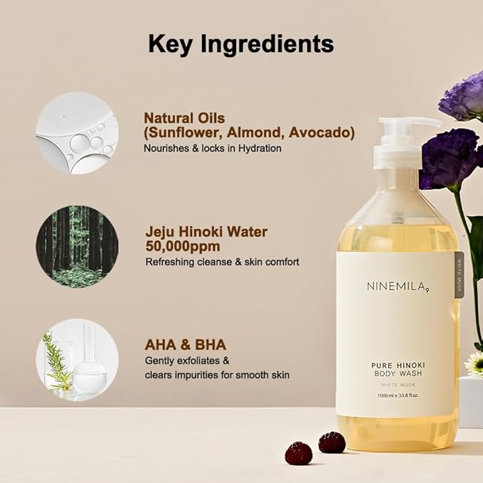 NINEMILA Pure Hinoki Body Care Set: 1000ml Vegan Body Wash (White Musk) &amp 1000ml Body Lotion (Blackberry) – Jeju Cypress Water (50000ppm) Hypoallergenic Spa Ritual for Sensitive Skin 2-Pack Bun