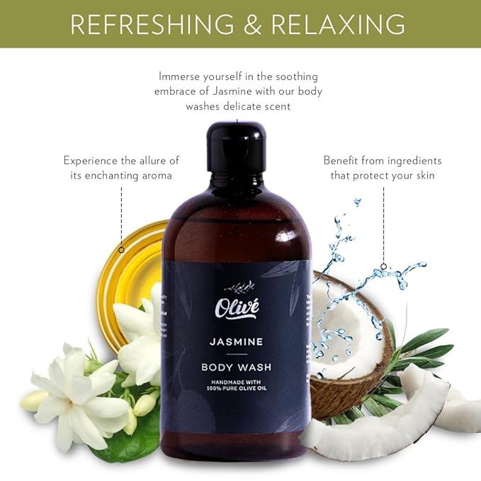 100% Pure Olive Oil Body Wash with Jasmine Scent – Made with Natural Ingredients | Gentle Cleansing &amp Hydrating Shower Gel for Soft Smooth Healthy-Looking Skin | 300ml Bottle