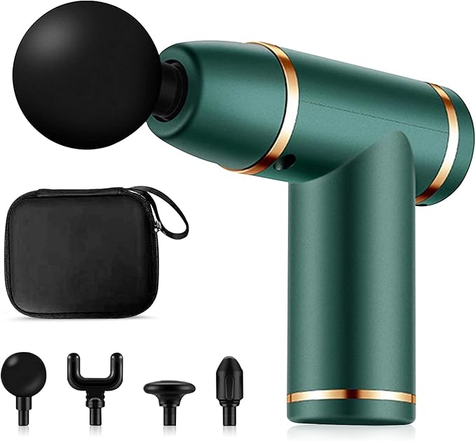 Ergocar Powerful Muscle Massage Gun Deep Tissue 6 Speeds Handheld Electric Body Massager with 4 Heads Super Quiet Fashion for Athletes Sedentary Office WorkerButton Style-Green Gold