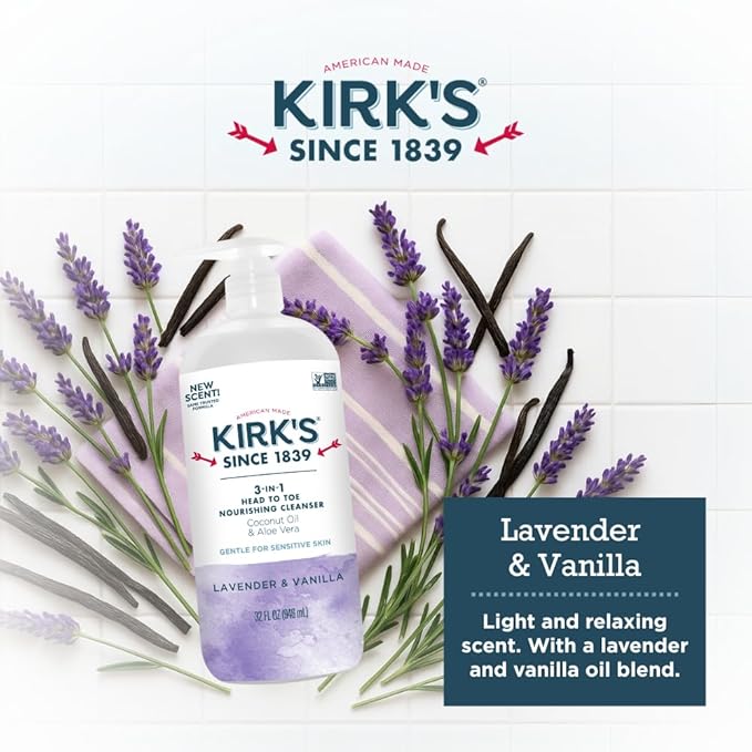 Kirk's 3-in-1 Head to Toe Nourishing Liquid Cleanser- for Men Women &amp Children - Premium Coconut Oil &amp Aloe Vera- Non GMO &amp Vegan - Lavender and Vanilla - 32 Fl Oz. - 2 Pack