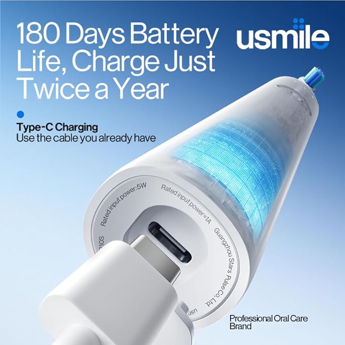usmile P10S Sonic Electric Toothbrush – 3 Modes Deep Clean &amp Whitening 180-Day Battery Life Cushioned Gum-Care Brush Head for Sensitive Teeth Smart Timer 2 Brush Heads (White)