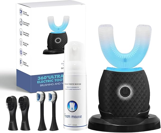 Smart U-Shaped Ultrasonic Toothbrush for Adults: 360° Full Mouth Cleaning with Auto Rotation Smart Pressure Sensor &amp LED Light Includes Foam Mousse 4 Brush Heads and Charging Base (black)