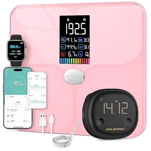 ABLEGRID Digital Smart Bathroom Scale for Body Weight and Fat Percentage and Smart Body Tape Measure Rechargeable with Fitdays APP