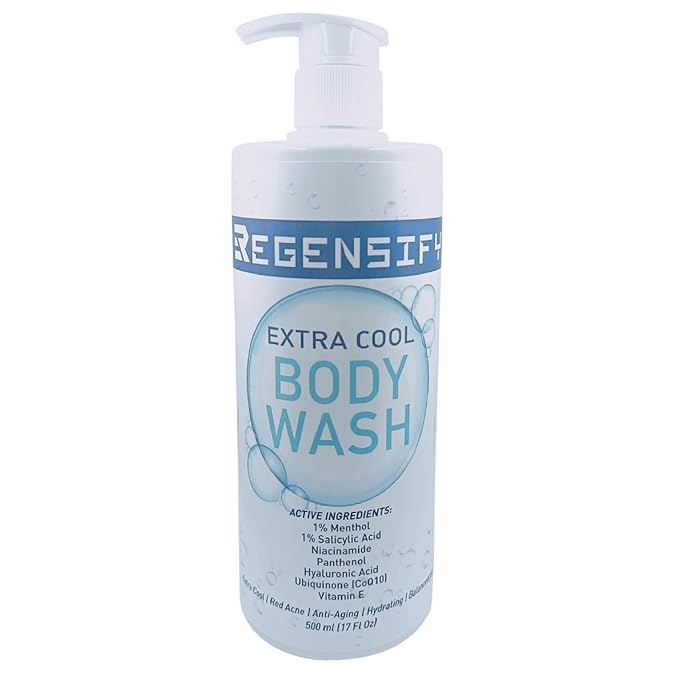 REGENSIFY Red Acne Extra Cool Body Wash 500 ml (17 Fl Oz) [1% Menthol 1% Salicylic Acid Niacinamide Panthenol Hyaluronic Acid Coenzyme Q10 Vitamin E] - Anti Aging Hydrating Icy Shower Gel
