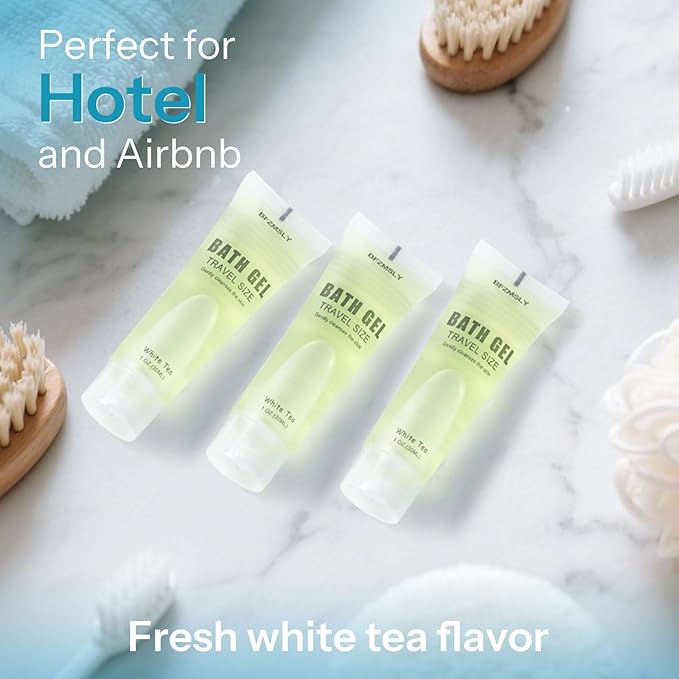 50 Pack Bulk Travel Size Body Wash 1oz Tubes White Tea Scent Mini Shower Gel for Hotel Guests TSA Approved Toiletries Individually Sealed for Airbnb Vacation Rentals