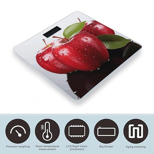 Red Apple Fruit Scale with LCD Precision Weighing Scales Sturdy Tempered Glass Weight Scales Easy-to-Read Anti-Slip Weight Digital Bathroom Scale for Daily