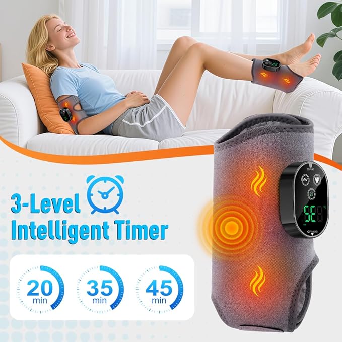 Ankle Massager3-in-1 Wearable Hot &amp Vibration Massager for Feet Ankles and Arms | Reusable Heating Pad Brace for Home Recovery (Grey)