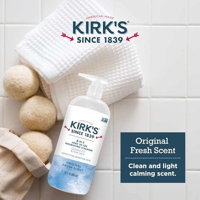 Kirk's 3-in-1 Head to Toe Nourishing Liquid Cleanser- for Men Women &amp Children - Premium Coconut Oil &amp Aloe Vera- Non GMO &amp Vegan -Original Fresh Scent - 32 Fl Oz