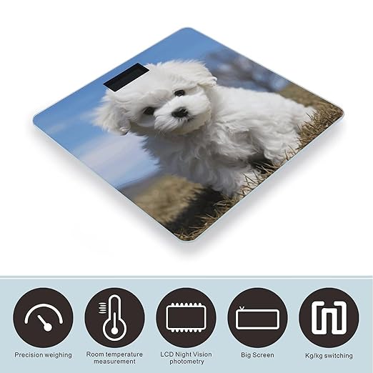 Bichon Frise Dog Scale for Body Weight High Precision Digital Weight Scales with LCD Display Anti-Slip Sturdy Slim Tempered Glass Bathroom Scale for Home Use