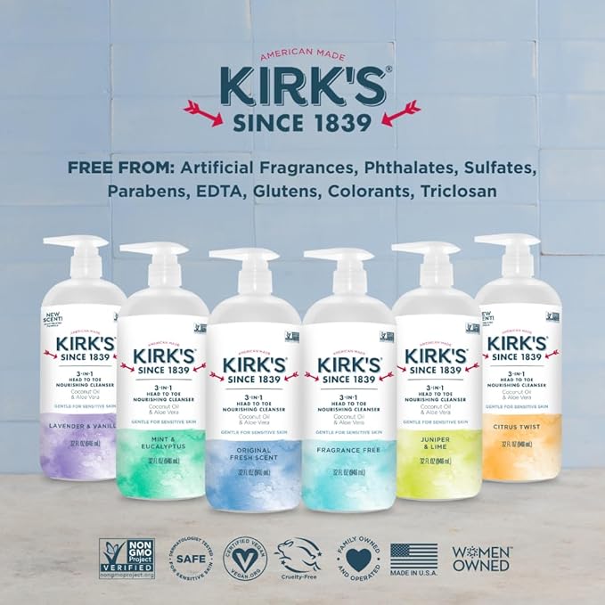 Kirk's 3-in-1 Head to Toe Nourishing Liquid Cleanser- for Men Women &amp Children - Premium Coconut Oil &amp Aloe Vera- Non GMO &amp Vegan - Lavender and Vanilla - 32 Fl Oz. - 2 Pack