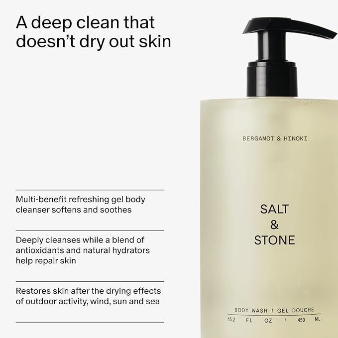 Salt &amp Stone Body Wash with Antioxidants for Deep Moisture | For Women &amp Men Sulfate Paraben &amp Dye Free Leaving Skin Soft and Hydrated | Bergamot &amp Hinoki Refill 32 fl oz
