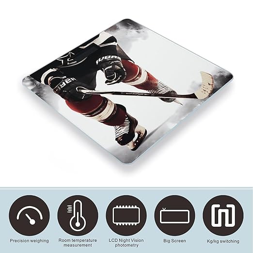 Ice Hockey Pattern Scale for Body Weight High Precision Digital Weight Scales with LCD Display Anti-Slip Sturdy Slim Tempered Glass Bathroom Scale for Home Use