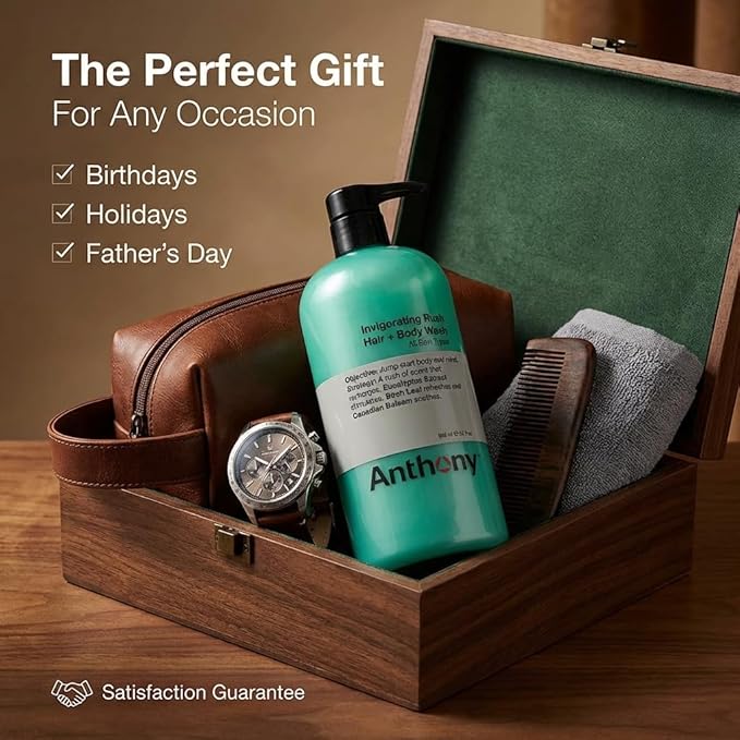 Anthony Mens Body Wash and Shampoo: Invigorating Rush 2-In-1 Liquid Gel Soap &amp Hair Shampoo Pine Wood Scent Hydrating with Eucalyptus Canadian Balsam Birch Leaf Charcoal Sea Kelp 32 Fl. Oz