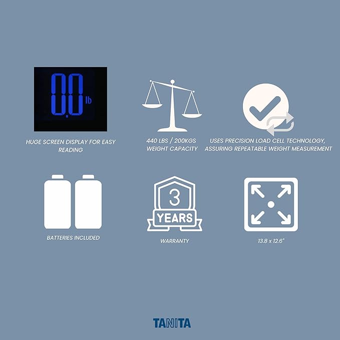 Tanita HD-366F FitScan Digital Weight Scale - 440 lb Capacity - 8mm Tempered Glass Platform - Jumbo Blue Backlit LCD - Sleek Low-Profile Design - Heavy-Duty Durable Build - Japan Technology