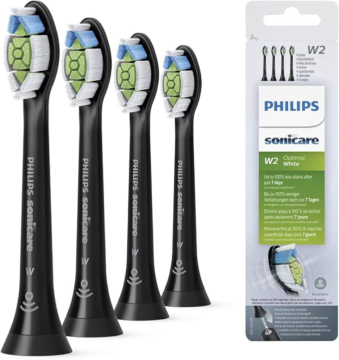 Philips Sonicare W2 Optimal White Replacement Toothbrush Heads 4-Pack Black Standard Sonic Toothbrush Heads Model HX6064/11 with BrushSync Technology – Whiter Teeth in 1 Week