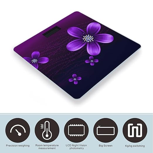 Purple Flower Scale for Body Weight Anti-Slip Digital Bathroom Scale Sturdy Toughened Glass Weighing Scales High Precision Safe Rounded Corners Smart Scales