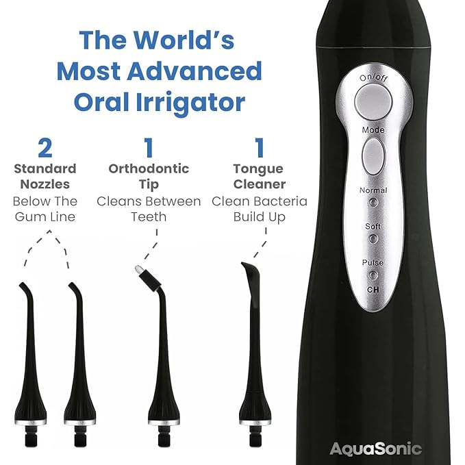 AquaSonic Home Dental Center Rechargeable Power Toothbrush &amp Smart Water Flosser - Complete Family Oral Care System - 10 Attachments and Tips Included - Various Modes &amp Timers (Black)