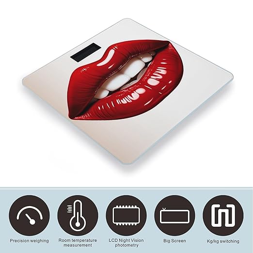 Cute Graphic Red Lips Bathroom Scale Large LCD Backlight Display Digital Scale Rounded Corners Body Scales Automatic Power On/Off Bathroom Scales for Home Bedrooms
