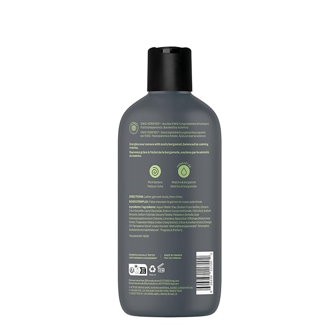 ATTITUDE Shower Gel Body Wash for Men 98% Natural Origin Ingredients Paraben &amp Phthalate Free EWG Verified Cleanses Without Drying Matcha &amp Bergamot 14 Fl Oz (Pack of 3)