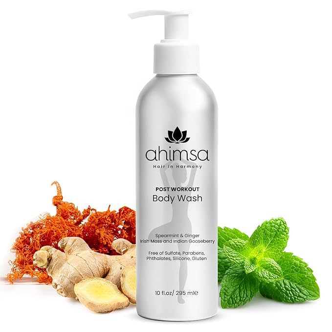 Ahimsa Natural Body Wash for Women 10oz + Organic Daily Shampoo Hydrating &amp Moisturizing Body Wash for Sensitive Skin with Ginger &amp Spearmint and Gentle Daily Shampoo for Dry Curly Damaged