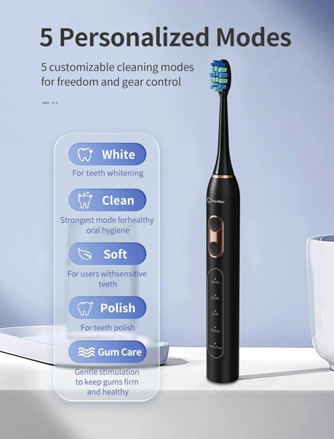 AquaByte Electric Toothbrush. 8 Brush Heads. 5 Modes Smart Timer Travel Case 42000 VPM USB Rechargeable Gum Care Deep Clean Powerful Plaque Removal for Adults.