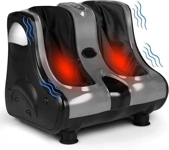 RELAX4LIFE Foot and Calf Massager Shiatsu Foot Massager Machine w/Heating Kneading Vibration Rolling Adjustable Speed &amp Tilt Base Leg Massager for Pain Relief (Grey)