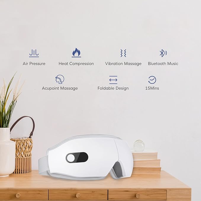 NOWWISH Eye Massager with Heat Vibration and Bluetooth Music for Migraine Headache Relief Cordless Heated Eye Mask with 6 Massage Modes Relaxation -Mothers Day Gifts for Mom Wife -White
