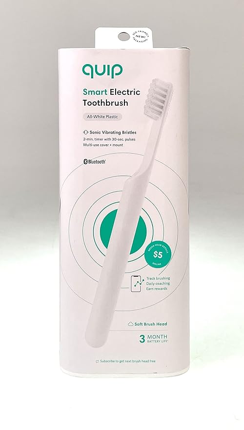 quip Adult Smart Electric Toothbrush - Sonic Toothbrush with Bluetooth &amp Rewards App Travel Cover &amp Mirror Mount Soft Bristles Timer and Plastic Handle - All-White
