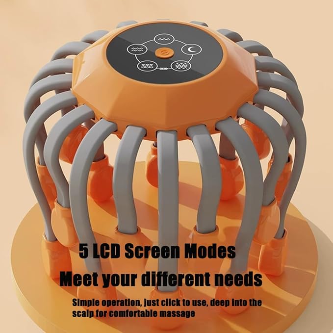 Head Massager 360° Octopus Electric Scalp Massager with 10 Vibrating Points Automatic Scalp Scratcher Promotes Cordless Portable Head Scratcher for Stress Relax (1 Orange)