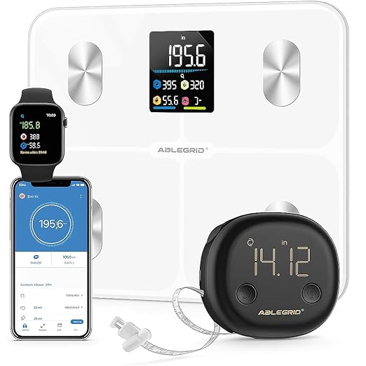 ABLEGRID Digital Smart Bathroom Scale for Body Weight and Fat Percentage and Smart Body Tape Measure Rechargeable with Fitdays APP