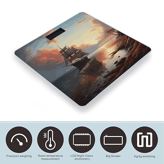 Sailboat Landscape Scale for Body Weight Anti-Slip Digital Bathroom Scale Sturdy Toughened Glass Weighing Scales High Precision Safe Rounded Corners Smart Scales