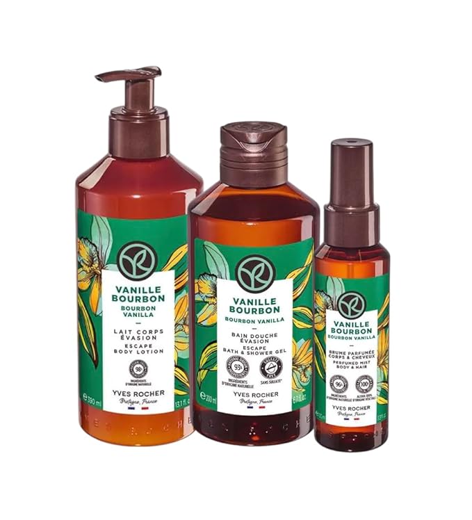 Yves Rocher Bourbon Vanilla Nourishing Shower Gel Body Nourishing Milk Perfumed Body Spray Mist Set of 3 Women Day Care 200 ml./6.7fl.oz. 100 ml./3.3 fl.oz. 390 ml./13.1 fl.oz. Best Gift Kit