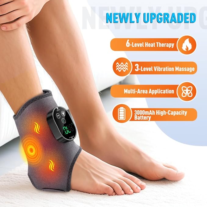 Ankle Massager3-in-1 Wearable Hot &amp Vibration Massager for Feet Ankles and Arms | Reusable Heating Pad Brace for Home Recovery (Grey)