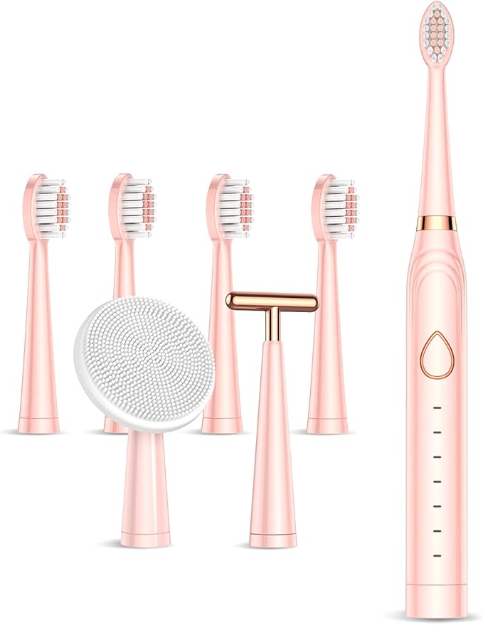 Sonic Electric Toothbrush USB Rechargeable Powerful Sonic Cleaning Tooth Brush with 6 Modes 5 Brush Heads + 1 Facial Cleansing Brush Head + 1 Face Massage Head Whitening Toothbrushes