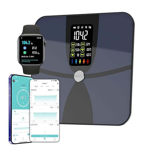 WGGE Smart Body Weight ScaleDigital Smart Bathroom Scale with Mobile App Large LCD Display Screen17 Body Composition Metrics BMI Body Fat Tracking Heart RateBaby Mode400lb/180kg