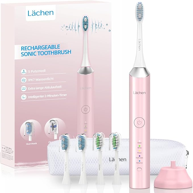 Lächen Electric Toothbrush for Adults – Sonic Rechargeable 5 Modes &amp Smart Timer Travel Case &amp Wireless Charging 4 Brush Heads IPX7 Waterproof (Pink)
