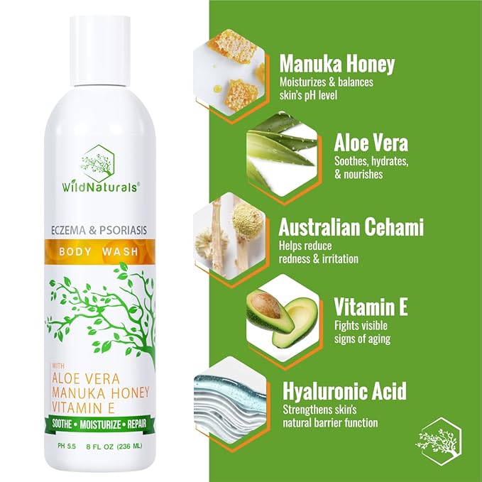 Wild Naturals Moisturizing Eczema Body Wash – Gentle Psoriasis Body Wash for Itchy Dry Skin Relief – Eczema Soap for Redness and Flareups – Hydrating Cleanser for Women and Men