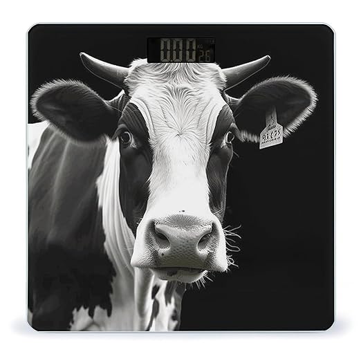 Animal Funny Cow Head Black White Bathroom Scale Automatic Power On/Off Body Scales LCD Backlight Display Square Digital Scale Rounded Corners Bathroom Scales for Home Bedrooms