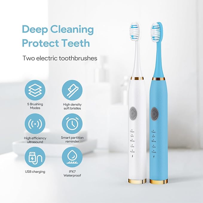 Electric Toothbrush 2 Pack (White &amp Blue 2 Pack)