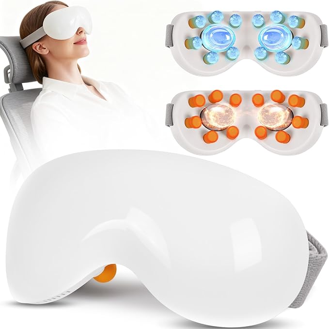 Eye Massager with Heat and Cooling for Migraines – 14 Massage Nodes for Eye Strain Relief Rechargeable Bluetooth Music Improve SleepEye Strain Relief Birthday Gifts for Women and Men(White)