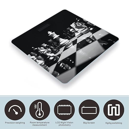 Black and White Chess Scale for Body Weight High Precision Digital Weight Scales with LCD Display Anti-Slip Sturdy Slim Tempered Glass Bathroom Scale for Home Use